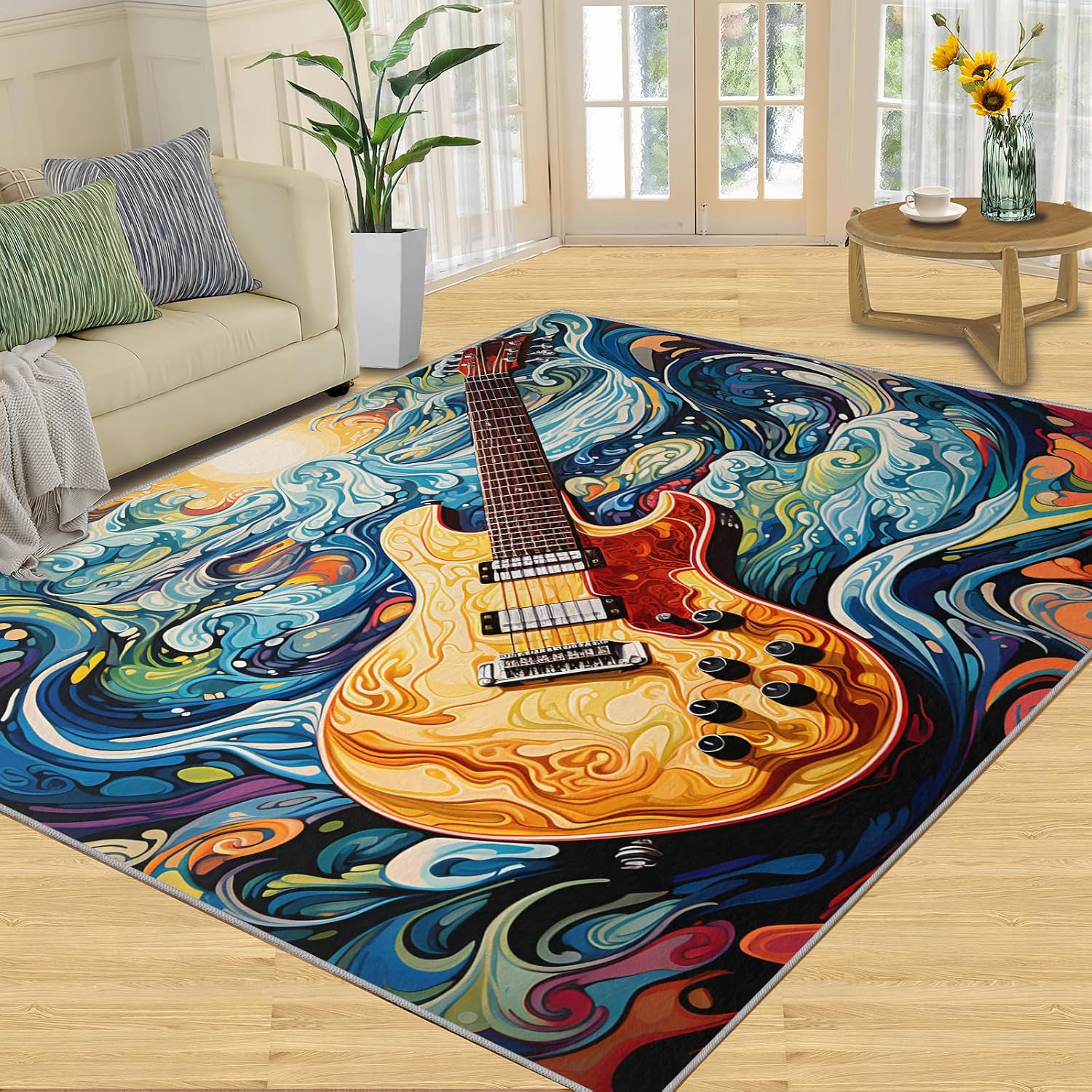 Music Guitar Rug for Bedroom - Music Area Rug - Guitar Lover Rugs for Living Room, Non-Slip Low Pile Carpet for Classroom Recording Studio Band 6x8ft