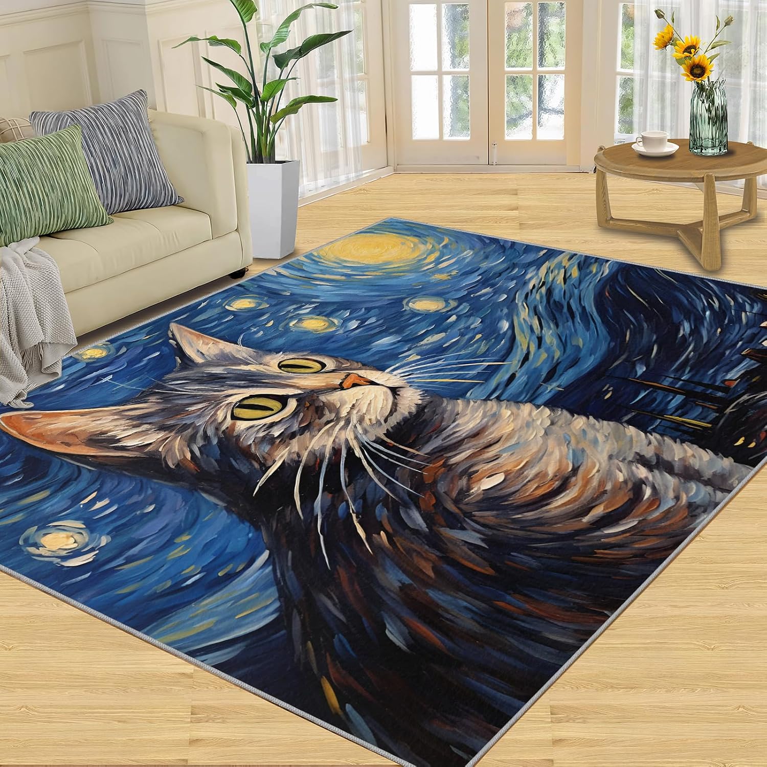 6x8 Area Rug - Starry Sky American Shorthair Cat Large Rugs for Living Room, Post-Impressionist Art Painting Carpet Area Rug for Girls Bedroom Kids Room Basement Office Classroom