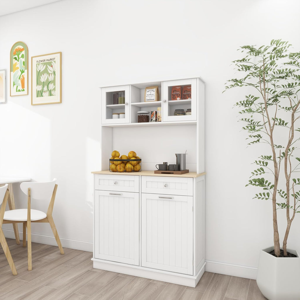 68' 3-Adjustable-Shelf Freestanding Storage Cabinet, Kitchen Storage Bakers Rack with Trash Cabinet, Utility Food Cupboard for Home, White