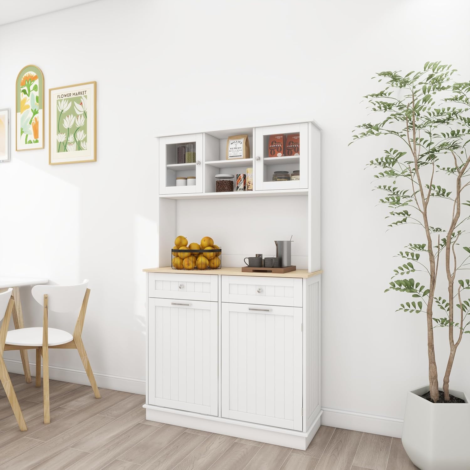 68' 3-Adjustable-Shelf Freestanding Storage Cabinet, Kitchen Storage Bakers Rack with Trash Cabinet, Utility Food Cupboard for Home, White