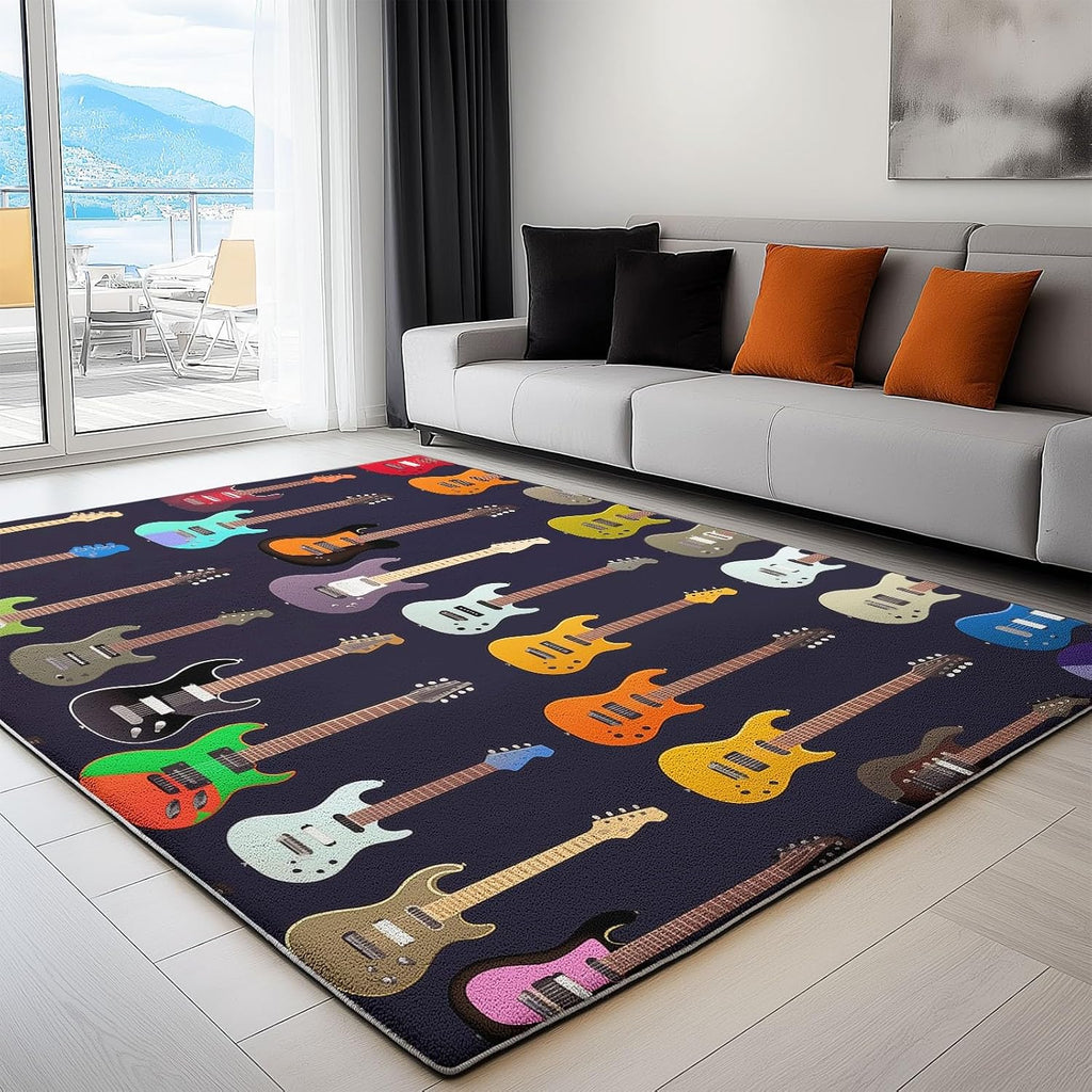 Area Rug Cartoon Color Guitar 6x9 ft Washable Rugs, Soft Non-Slip Faux Wool Rug for Living Room, Bedroom, Farmhouse, Dining Room, Office, Home Decor Carpet