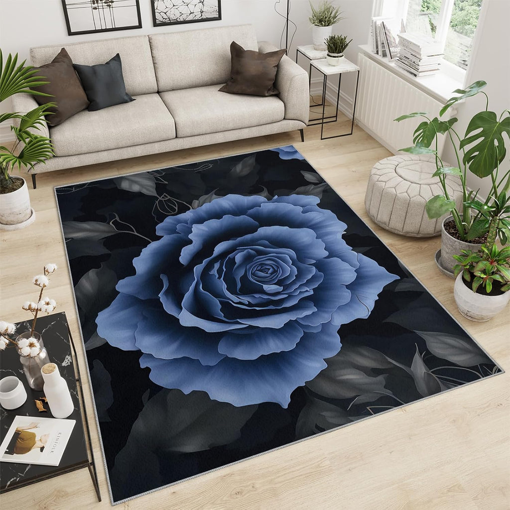 Dream Blue Roses Area Rug, Classical Black Leaves Rugs for Living Room, Indoor Non-Slip Kids Rugs, Machine Washable Breathable Durable Carpet for Front Entrance Floor Decor,6 x 8ft