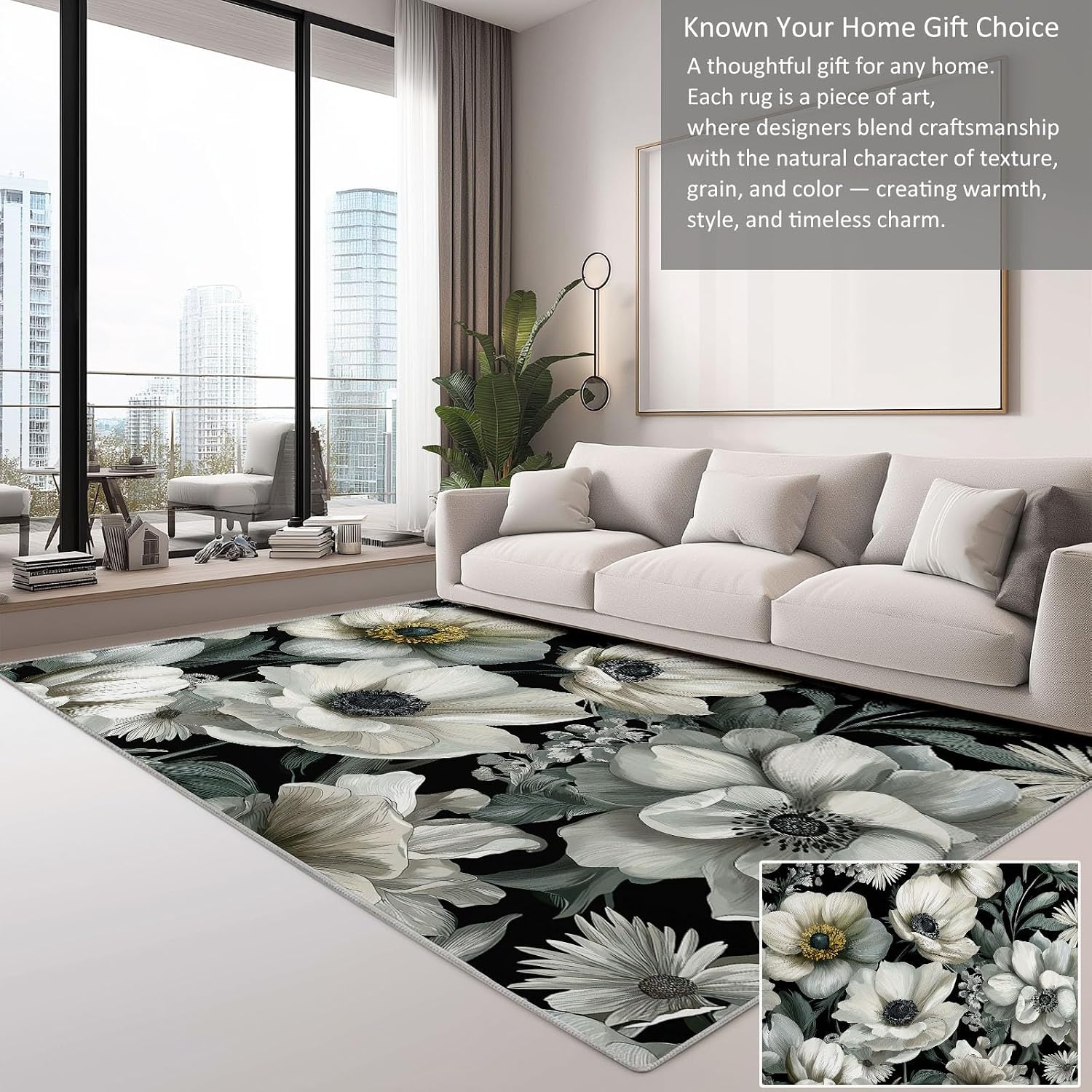 Watercolor Flowers Plants Low-Pile Washable Area Rug 5 x 7 ft, Elegant Luxury Bedroom Non-Slip Carpet Non-Shedding Living Room Rugs Floor Carpet for Kids Nursery Room Office Dining Room