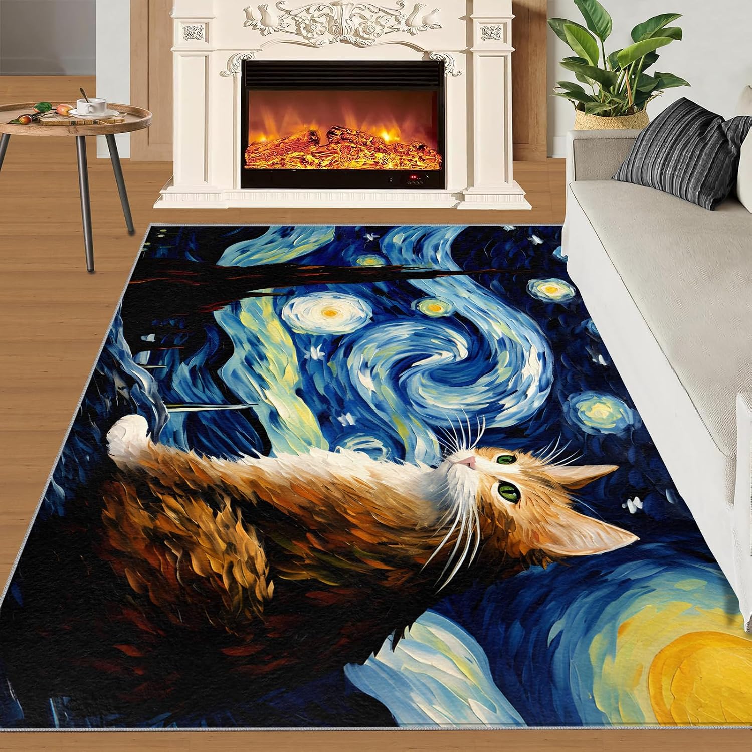 6x8 Area Rug - Starry Sky Cat Large Rugs for Living Room, Post-Impressionist Art Painting Carpet Area Rug for Girls Bedroom Kids Room Basement Office Classroom