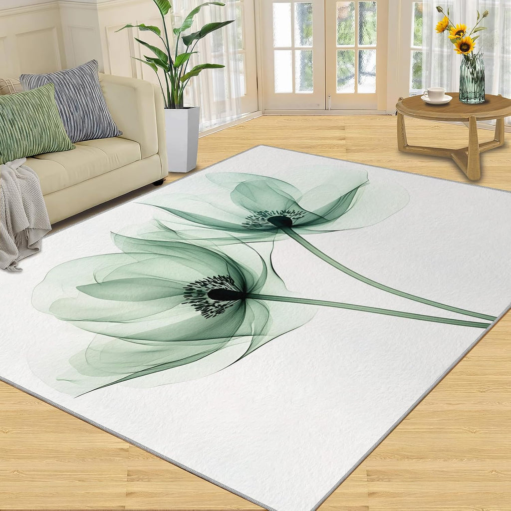 Transparent Floral Rugs for Bedroom - 6x8 Rug, X-Ray Flowers Area Rugs for Living Room, Green Flower Carpet, Creative Washable Area Mat, Aesthetic Carpet, Floral Home Decor & Gifts
