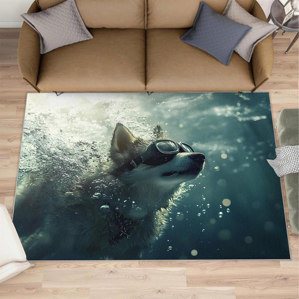 Corgi Rug 6x8, Swimming Dogs Rugs for Living Room, Underwater Dog Rugs for Bedroom, Non Slip Washable Area Rug, Low Pile Carpet for Hardwood Floors