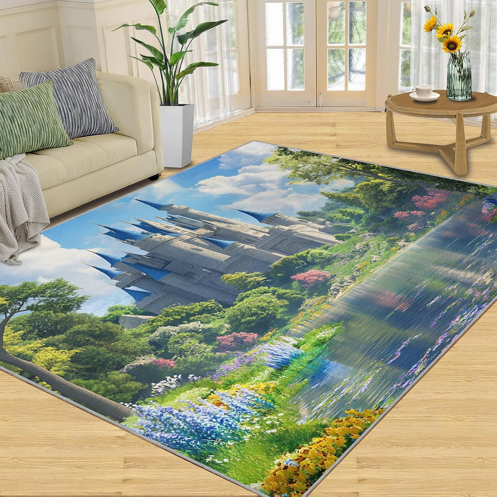 Castle Rug - 6x8 Rug, Nature Landscape Area Rugs for Bedroom, Green Forest Rugs for Living Room, Natural Scenery Washable Carpet, Landscape Home Decor & Gifts