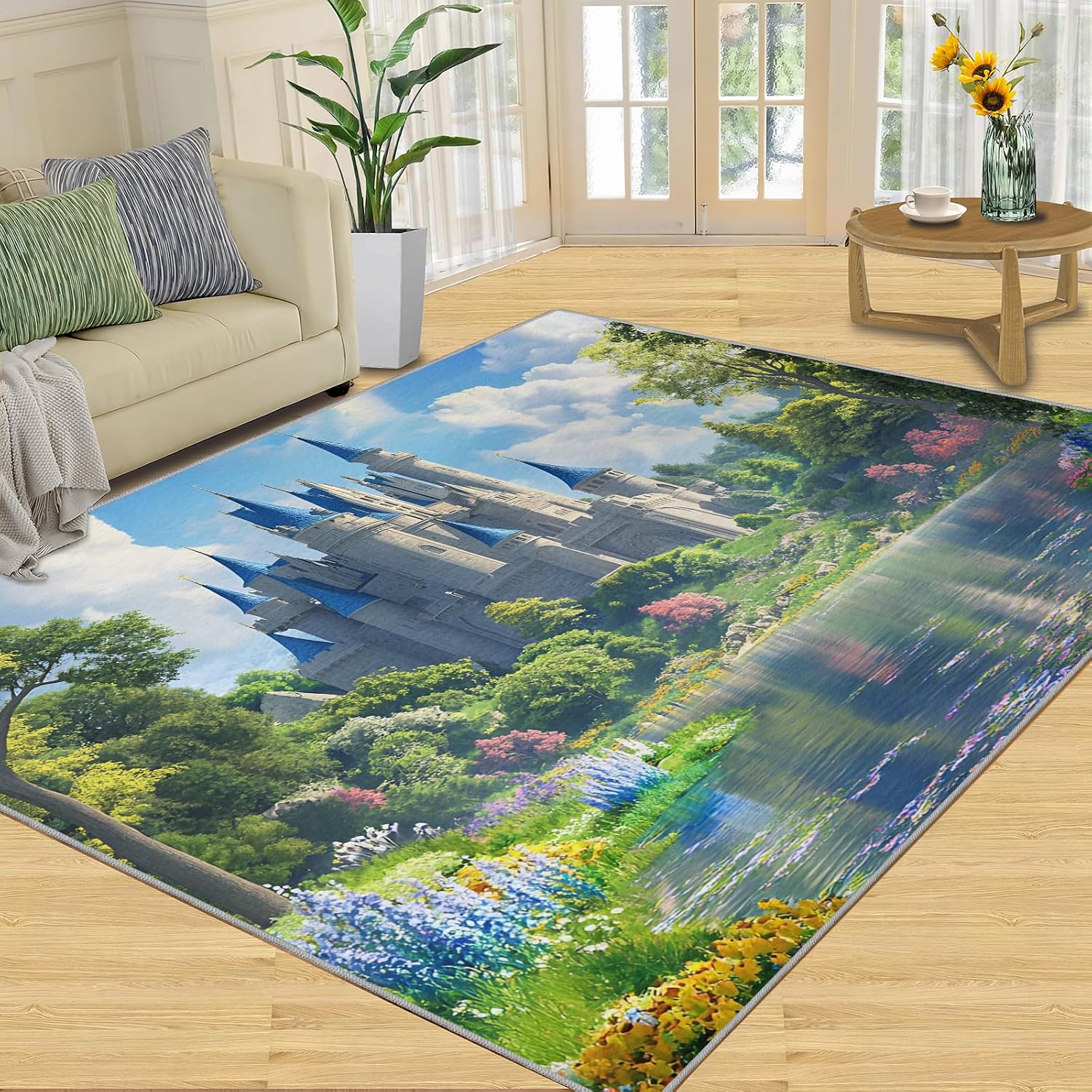 Castle Rug - 6x8 Rug, Nature Landscape Area Rugs for Bedroom, Green Forest Rugs for Living Room, Natural Scenery Washable Carpet, Landscape Home Decor & Gifts
