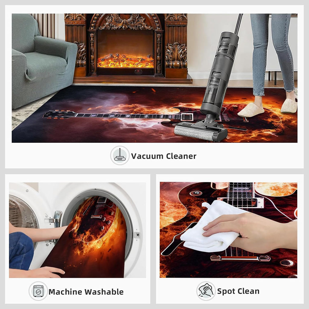 Burning Guitar Music Instrument Area Rug 5.3x8ft Musical Note Flame Guitar Living Room Rugs, Indoor Non-Slip Kids Rugs, Machine Washable Breathable Durable Carpet for Front Entrance Floor Decor