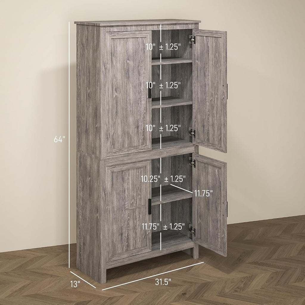 64' Adjustable Shelves Freestanding Storage Cabinet, Kitchen Storage Bakers Rack with Anti-Tipping Design, Utility Food Cupboard with 5-Tier Shelving for Kitchen Dining Living Room, Grey