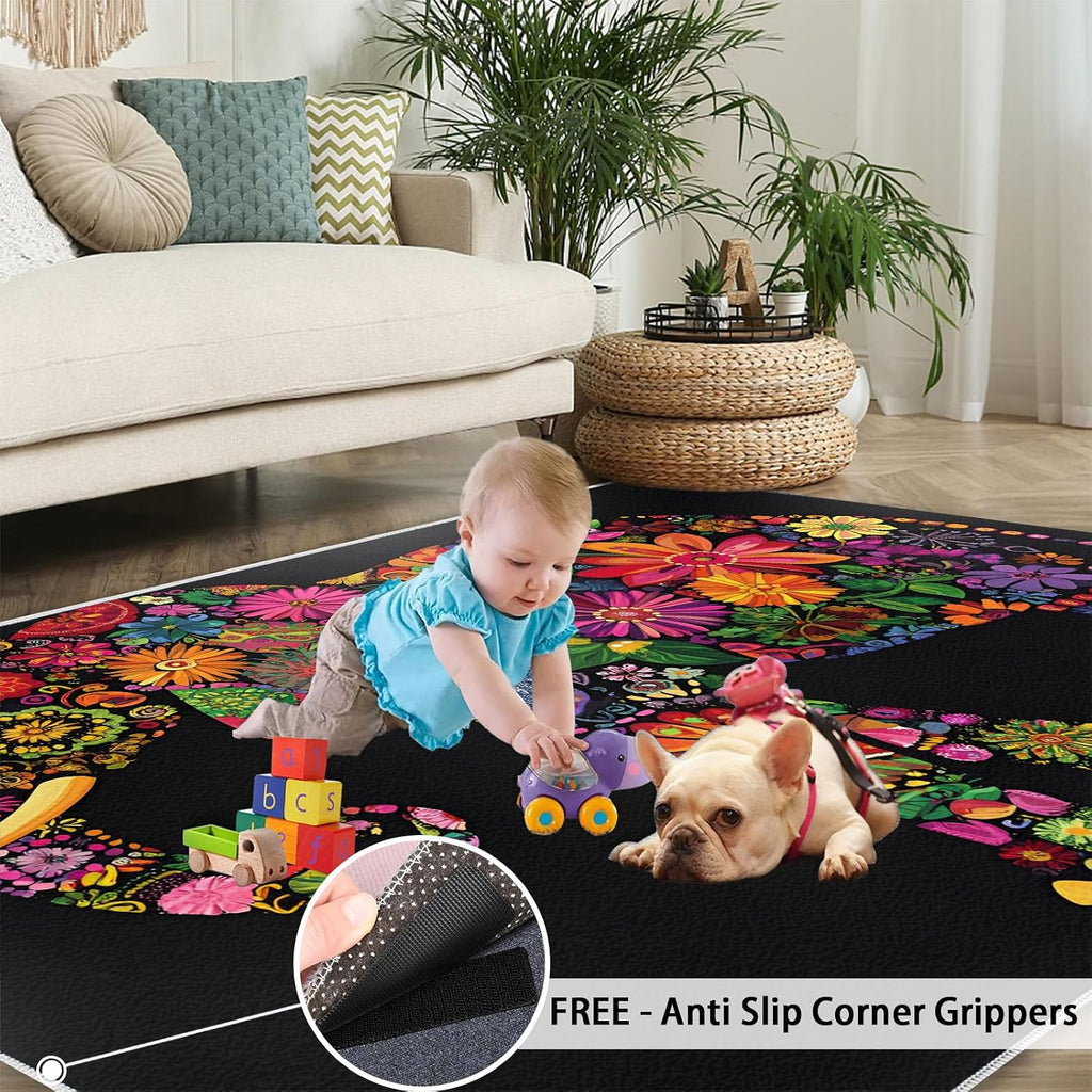 Florals Elephant Area Rug 6x8 - Flowers Elephant Large Rugs for Living Room, Creative Animals Carpet Area Rug for Girls Bedroom Kids Room Basement Office Classroom
