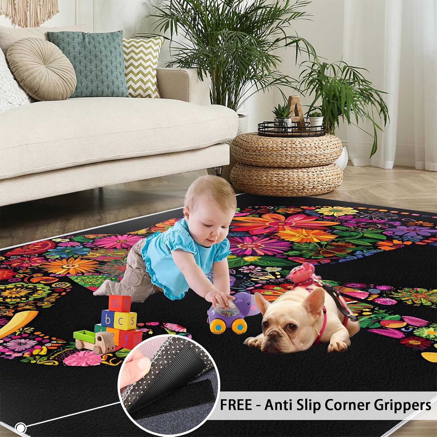 Florals Elephant Area Rug 6x8 - Flowers Elephant Large Rugs for Living Room, Creative Animals Carpet Area Rug for Girls Bedroom Kids Room Basement Office Classroom