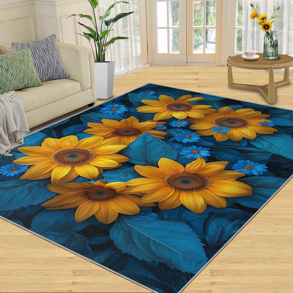 Sunflower Rug 6x8-6x8 Rug, Flower Area Rugs for Bedroom, Blue Daisy Rugs for Living Room, Modern Washable Mat, Floral Carpet, Sunflower Home Decor & Gifts