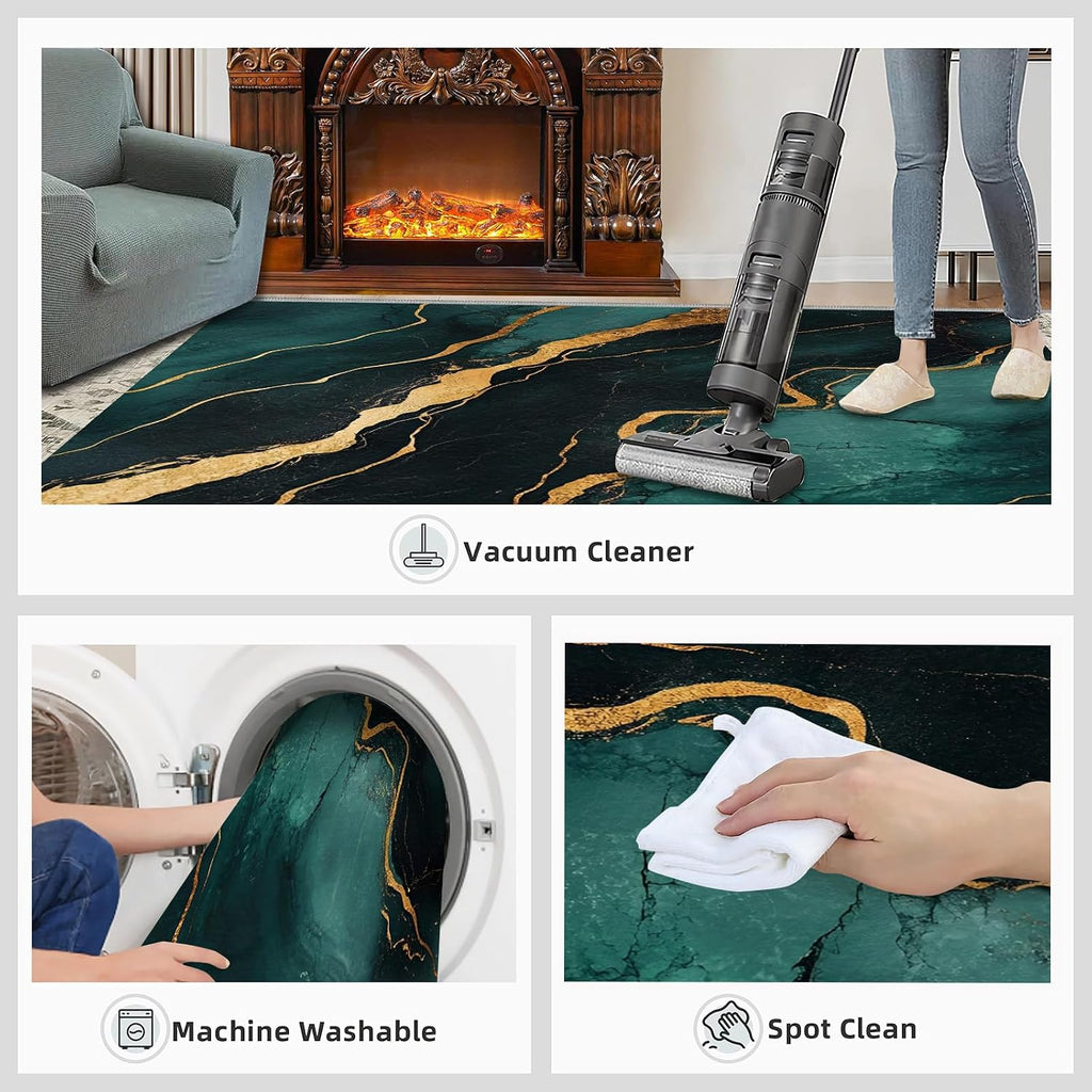 Emerald Green Marble Rug 6x8-6x8 Rug, Emerald Green Gold Area Rugs for Bedroom, Abstract Texture Rugs for Living Room, Luxury Washable Carpet, Marble Home Decor & Gifts