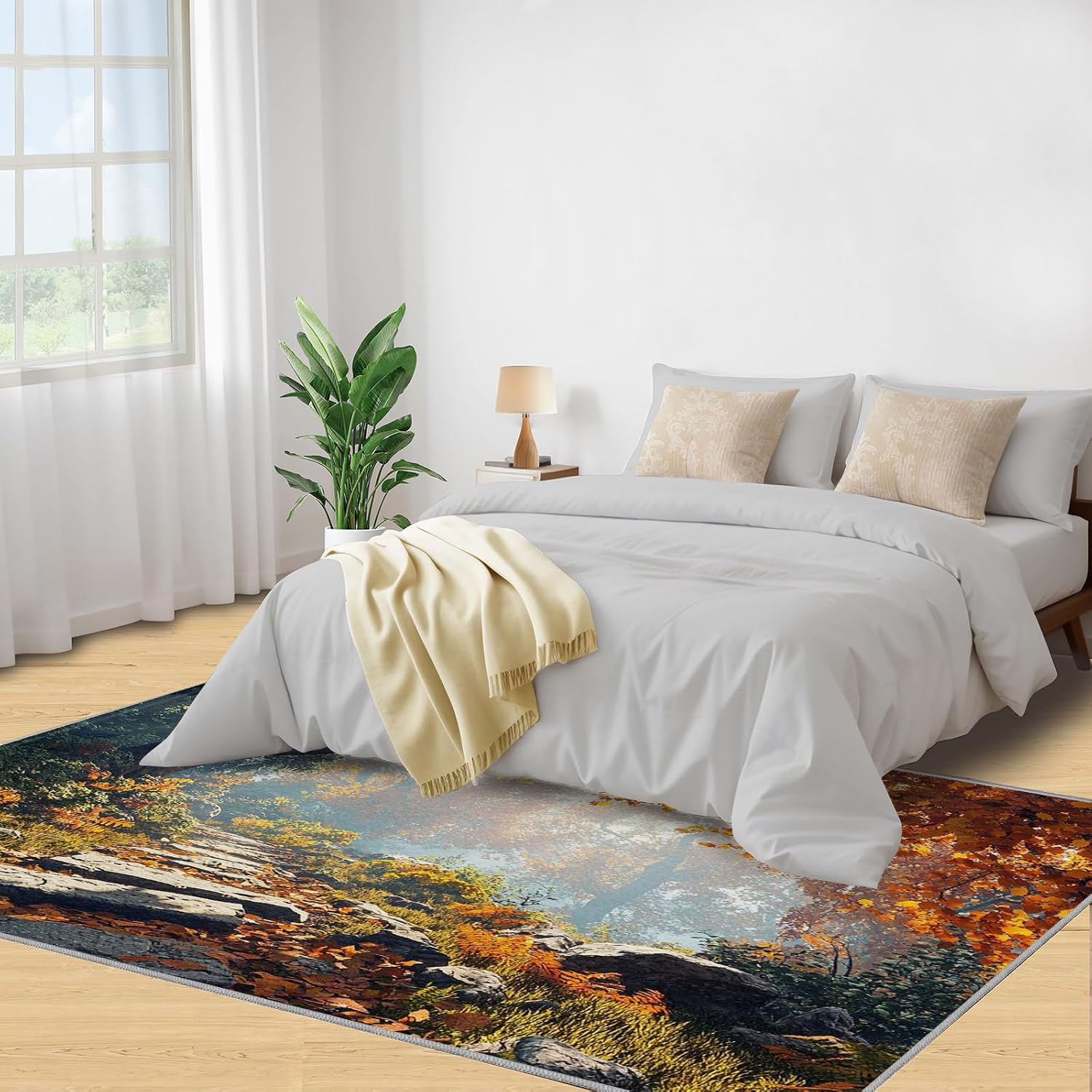 Forest Area Rug Large - 6x8 Rug, Autumn Forest Rugs for Living Room, Stone Path Carpet, Fall Washable Area Rugs for Bedroom, Woodland Carpet, Fall Home Decor