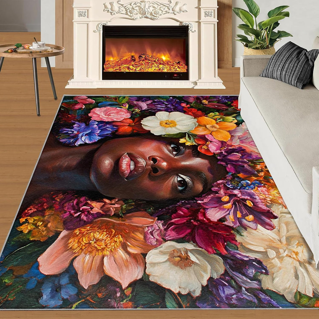 African Women Bedroom Rug, Flowers Area Rug, Home Decor Carpet for Sofa Under Living Room Floor Mat 6x8