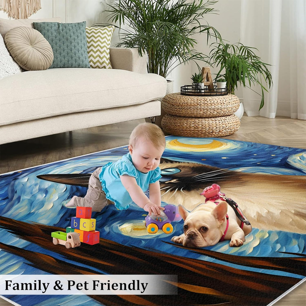 6x8 Area Rug - Starry Sky Siamese Cat Large Rugs for Living Room, Post-Impressionist Art Painting Carpet Area Rug for Girls Bedroom Kids Room Basement Office Classroom