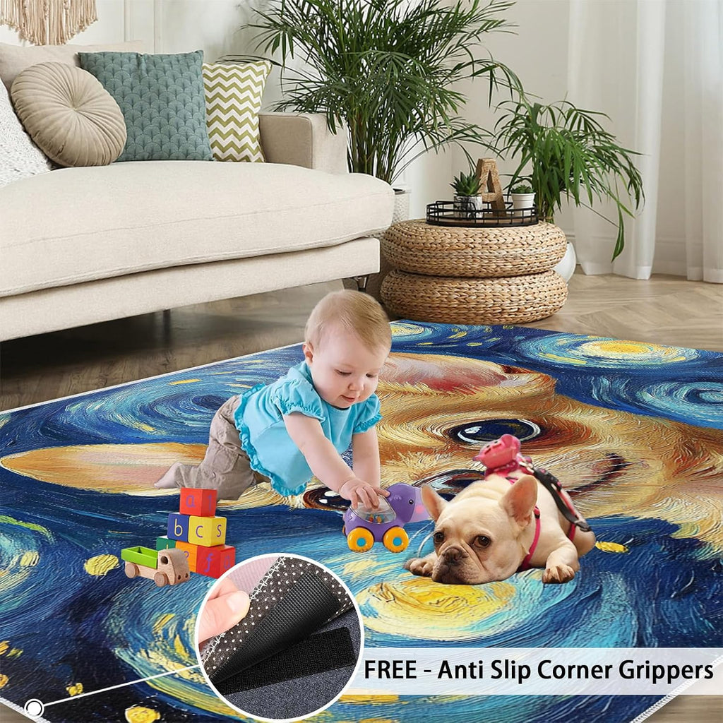 Dog Area Rug Large - 6x8 Rug, Blue Starry Night Rugs for Living Room, Animal Carpet, Impressionism Washable Area Rugs for Bedroom, Art Carpet, Dog Home Decor