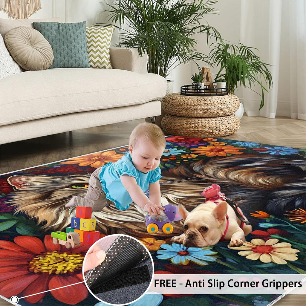 Floral Cat Rugs for Girls Room, Boho Colors Floral Area Rug, Washable Bedroom Rug for Front Entrance Floor Decor Floor Mat 6x8
