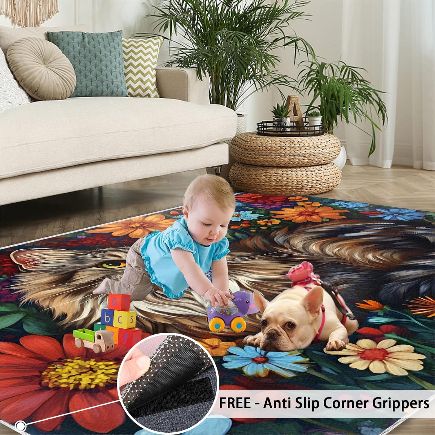 Floral Cat Rugs for Girls Room, Boho Colors Floral Area Rug, Washable Bedroom Rug for Front Entrance Floor Decor Floor Mat 6x8