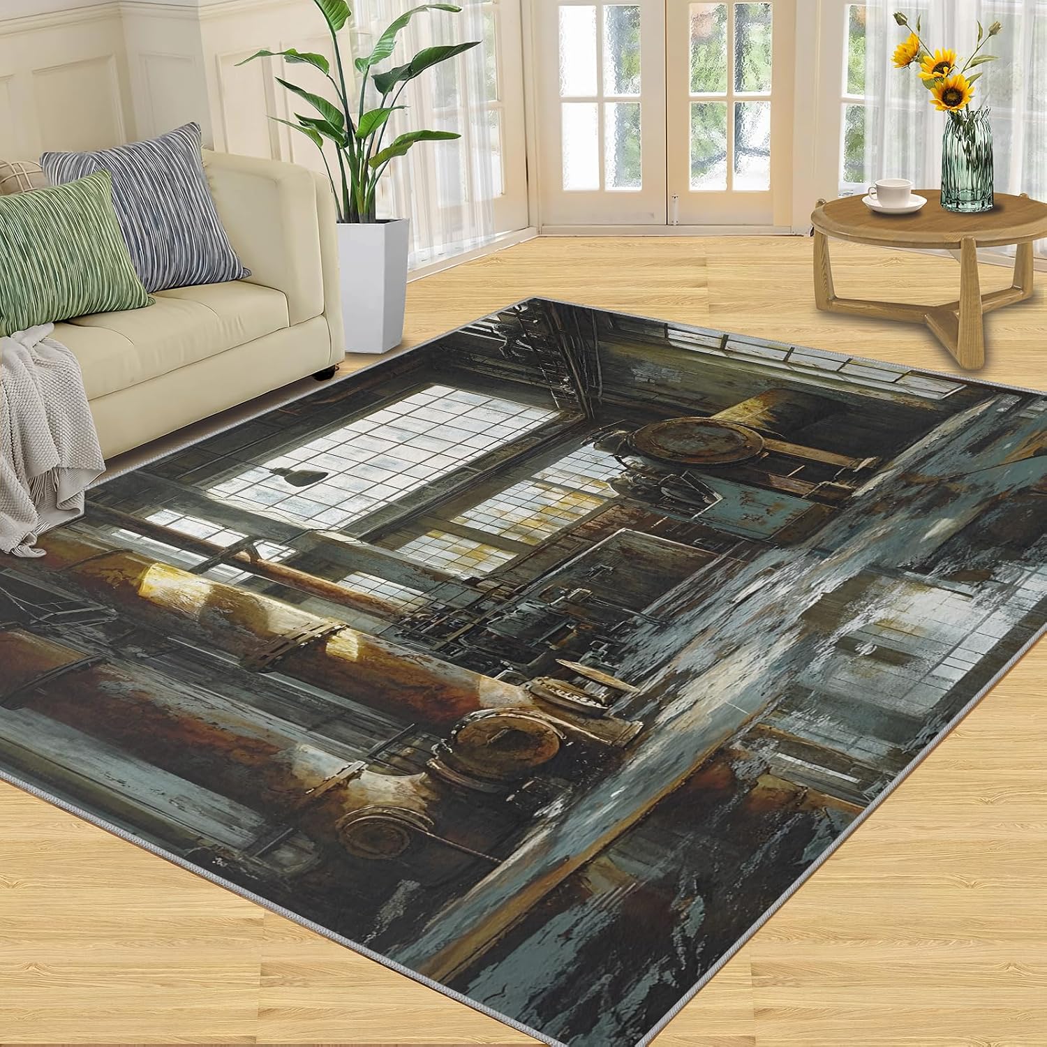 Industrial Style Rug 6x8, Factory Rugs for Bedroom, Distressed Washable Rugs for Living Room, Non Slip Area Rug, Housewarming Gifts & Indoor Floor Mats