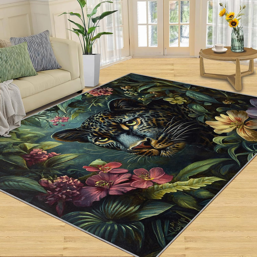 Cheetah Rug, Tropical Rainforest Rugs for Bedroom 5x7 Rug, Leopard Area Rug, Rugs for Living Room, Non Slip Washable Carpet for Kids Room Home Decor