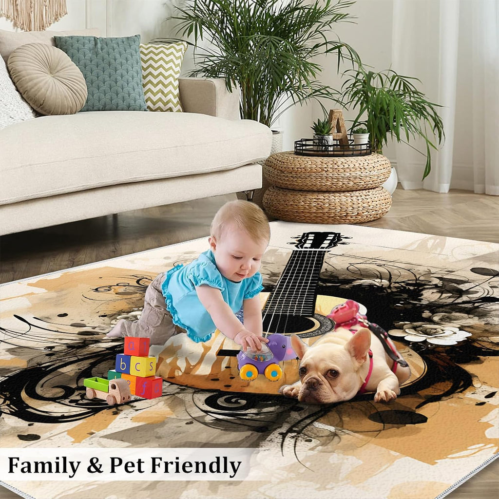 Guitar Area Rug - Cool Guitar Rugs for Bedroom - Music Lover Living Room Rug, Indoor Machine Washable Carpet for Music Studio Band Entertainment Room 6x8ft