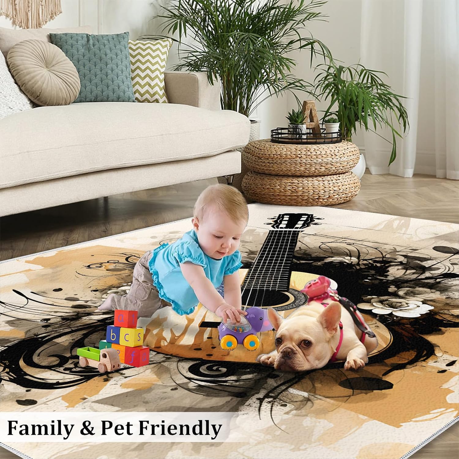 Guitar Area Rug - Cool Guitar Rugs for Bedroom - Music Lover Living Room Rug, Indoor Machine Washable Carpet for Music Studio Band Entertainment Room 6x8ft