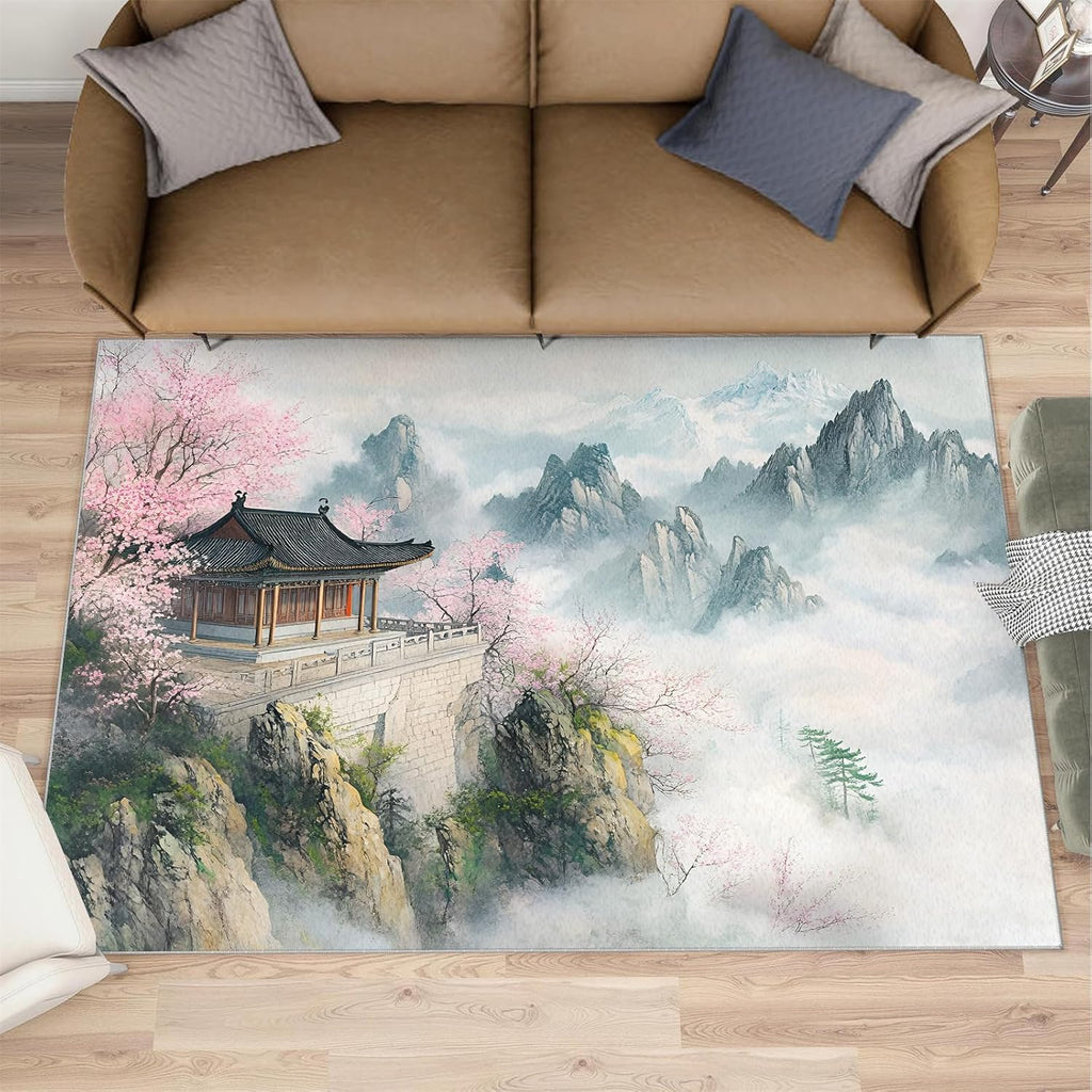 Japanese Landscape Area Rug Large - 6x8 Rug, Cherry Blossom Rugs for Living Room, Mountains Area Rugs for Bedroom, Oriental Washable Carpet, Japanese Home Decor & Gifts