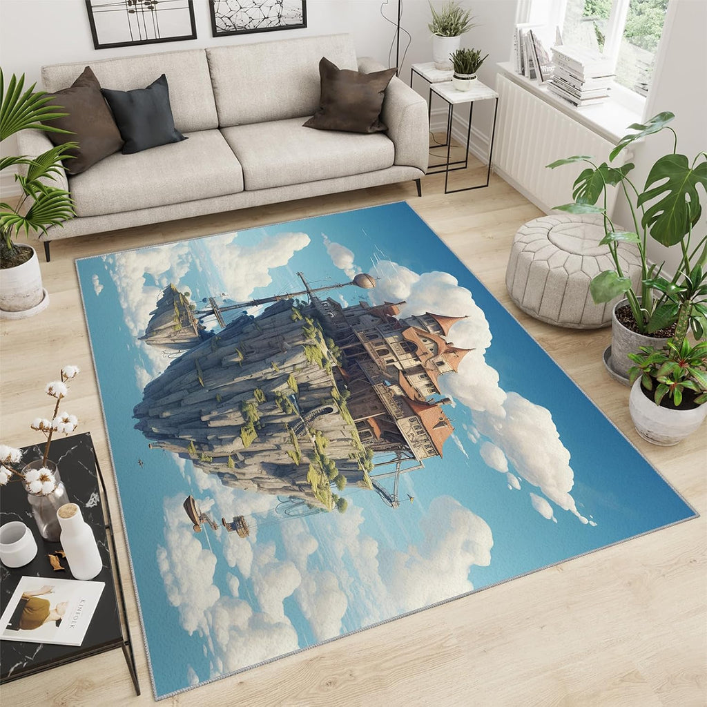6x8 Rug Sky Moving Castle Area Rugs, Floating Islands Soft Washable Carpet, Upholstery Rug with Non-Slip Backing for Kids Boys Girls Bedroom Living Room Dining Room Study