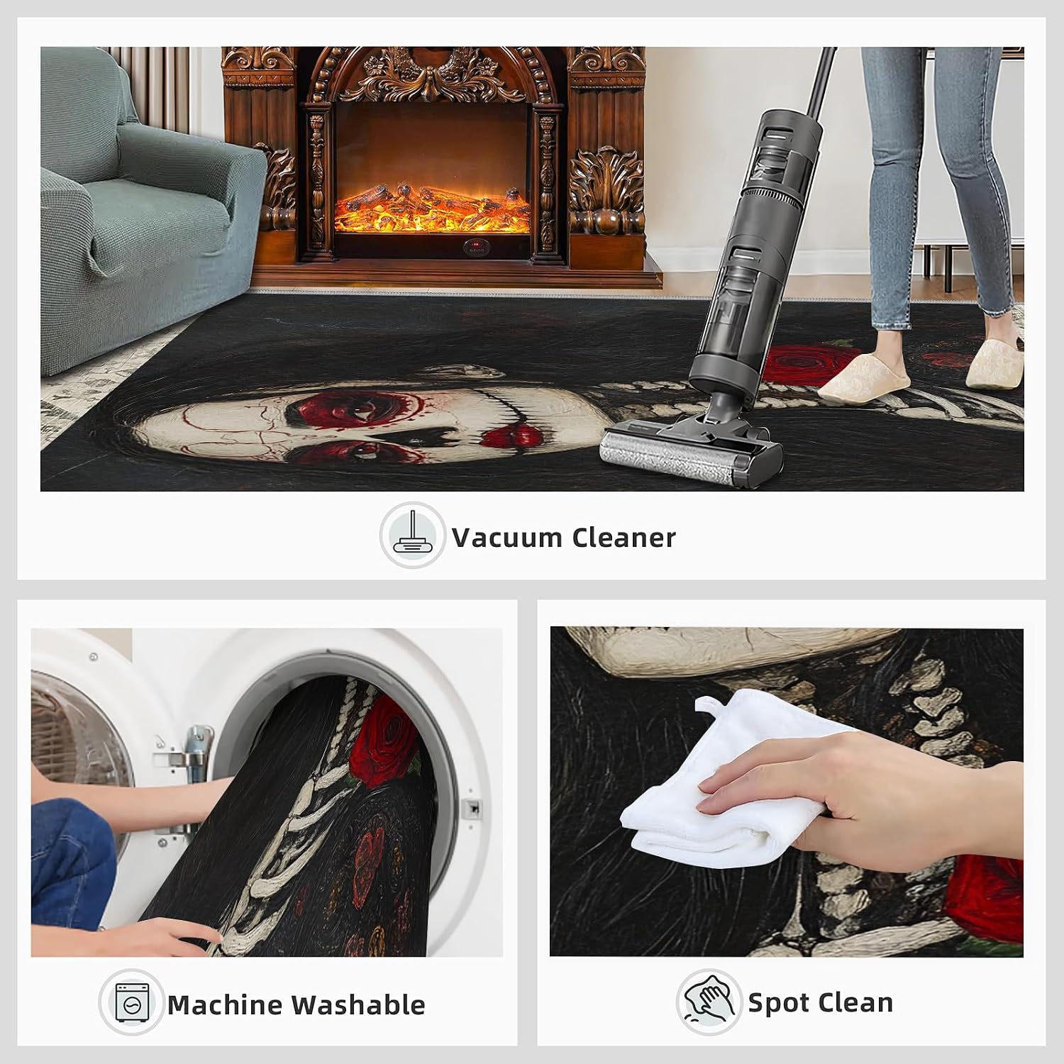 Darkness Area Rug - Large Rug 6x8 - Skull Makeup Rugs for Living Room - Soft & Non Slip & Washable Rugs for Bedroom, Long Black Hair Woman Carpets for Dining Room Lounge Girls Room
