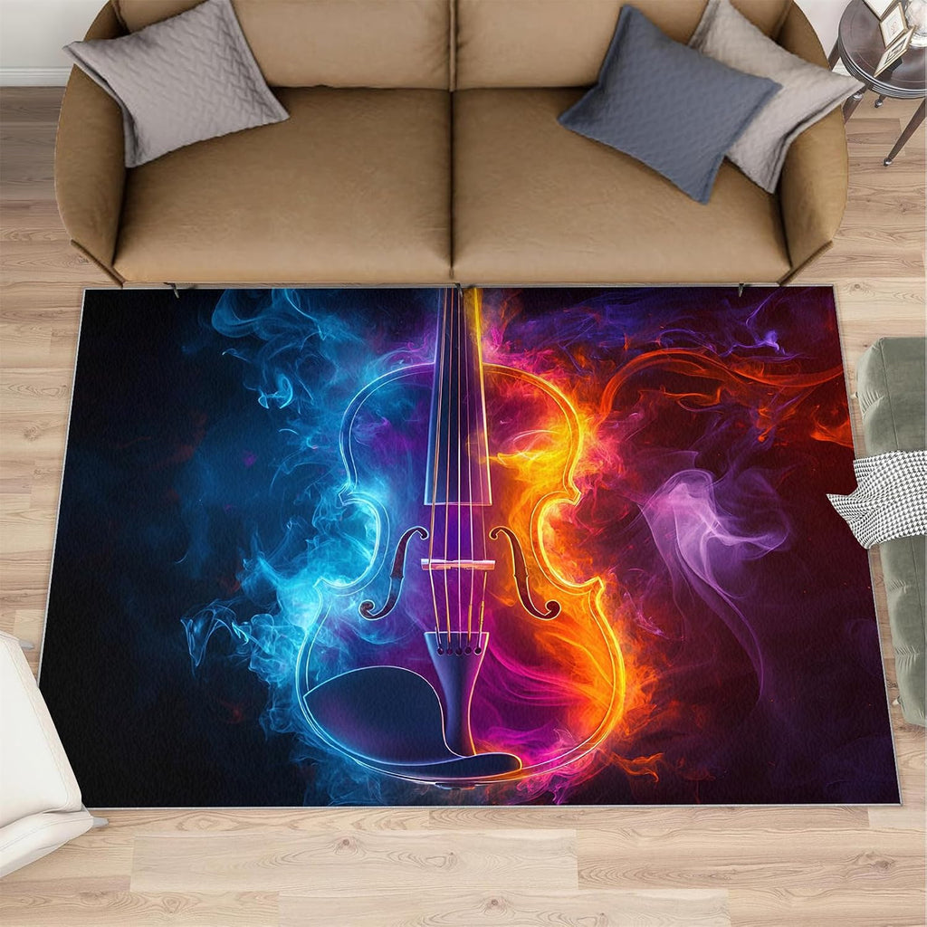 Guitar Rug 6x8-6x8 Rug, Ice and Fire Area Rugs for Bedroom, Music Rugs for Living Room, Boys Room Washable Mat, Rock Style Carpet, Guitar Home Decor & Gifts