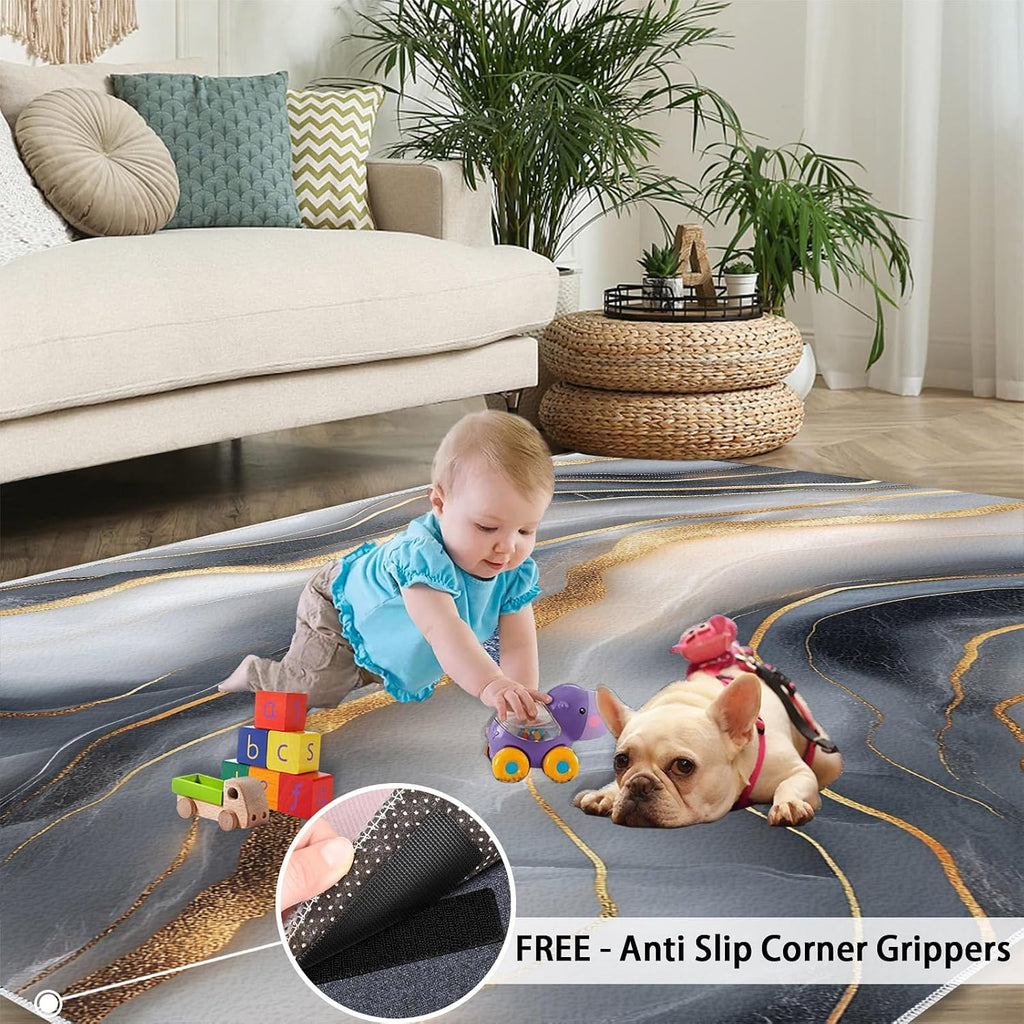 Abstract Lines Rug 6x8 - Wavy Shapes Large Rugs for Living Room, Luxurious Marble Carpet Area Rug for Girls Bedroom Kids Room Basement Office Classroom