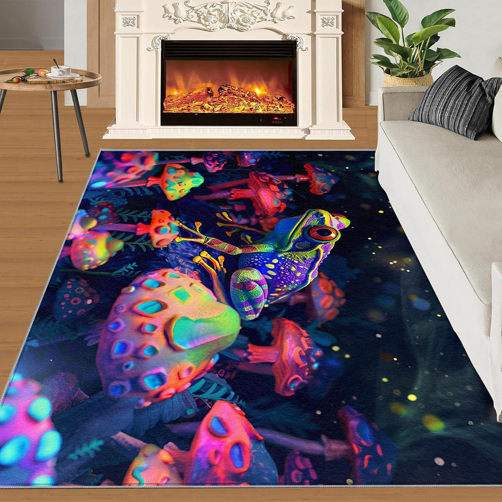 Cartoon Mushrooms Rug for Kids Room - 6x8 Large Rug, Fantasy Mushroom Rugs for Bedroom Colorful Animal Frog Area Rugs for Living Room Home Decor Washable Rug