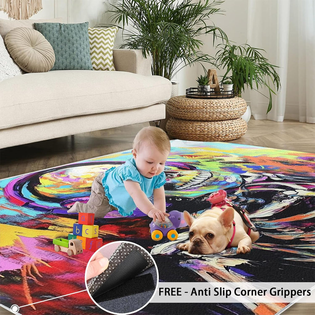 Skeleton Rugs for Bedroom - 6x8 Rug, Graffiti Area Rugs for Living Room, Gothic Skull Carpet, Halloween Carpet, Washable Mat, Skull Home Decor & Gifts