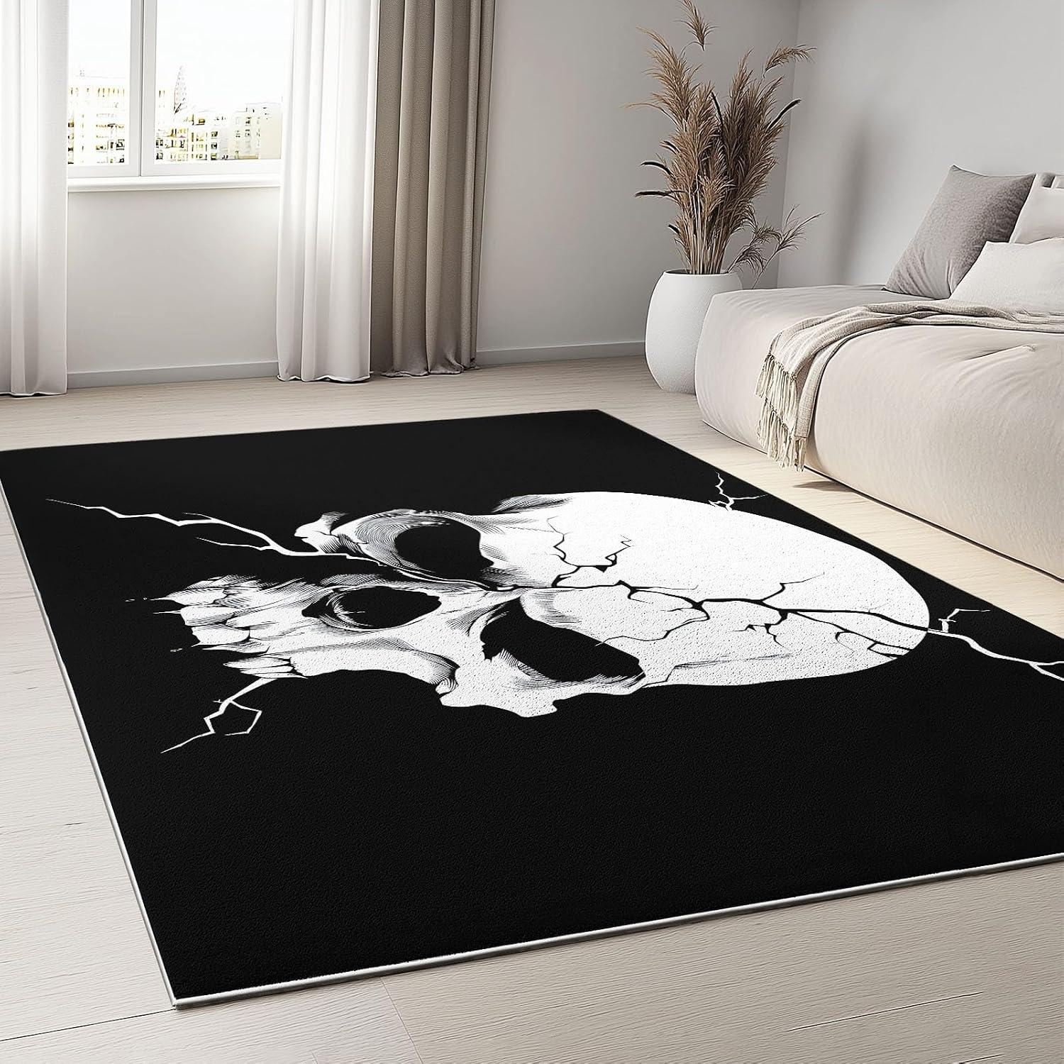 Dark Style Soft Print Area Rug 5' x 7', Minimalist Skull Cracked Skull Print Decor Washable Rug Non Slip Carpet Absorbent Mat for Kitchen Living Room Bedroom Entrance Carpet