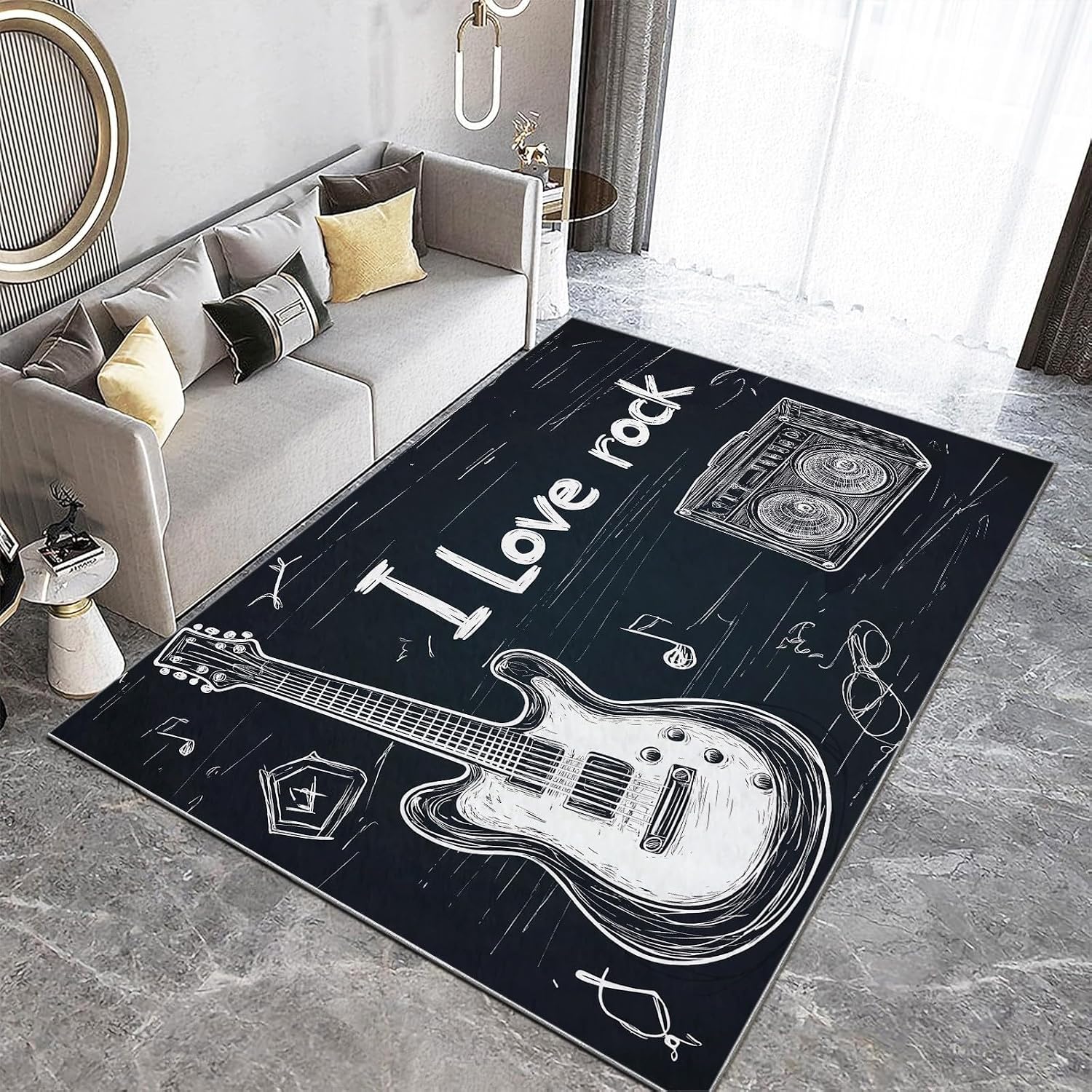 Area Rug Living Room Rugs 5x7 ft Hdrawn Musical Instrument Guitar Ultra Soft Washable Area Rug, Indoor Non-Slip Carpet for Nursery Kids Girls Boys Teen Dorm Home Office Decor