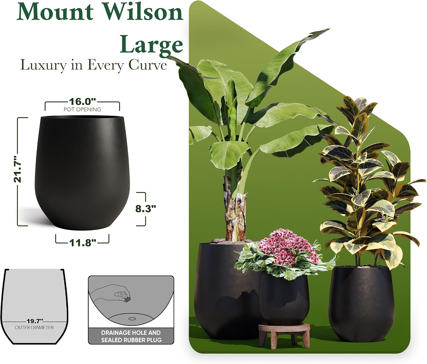 DTY Premium Mt Wilson Tall Tapered Fiberstone Planter for Indoor Outdoor Use, Modern Large Olive Tree Pot with Drainage Hole, Includes 2 Coco Mats. Black, Large 20.1'' D x 21.9'' H. 15.4' Pot Opening