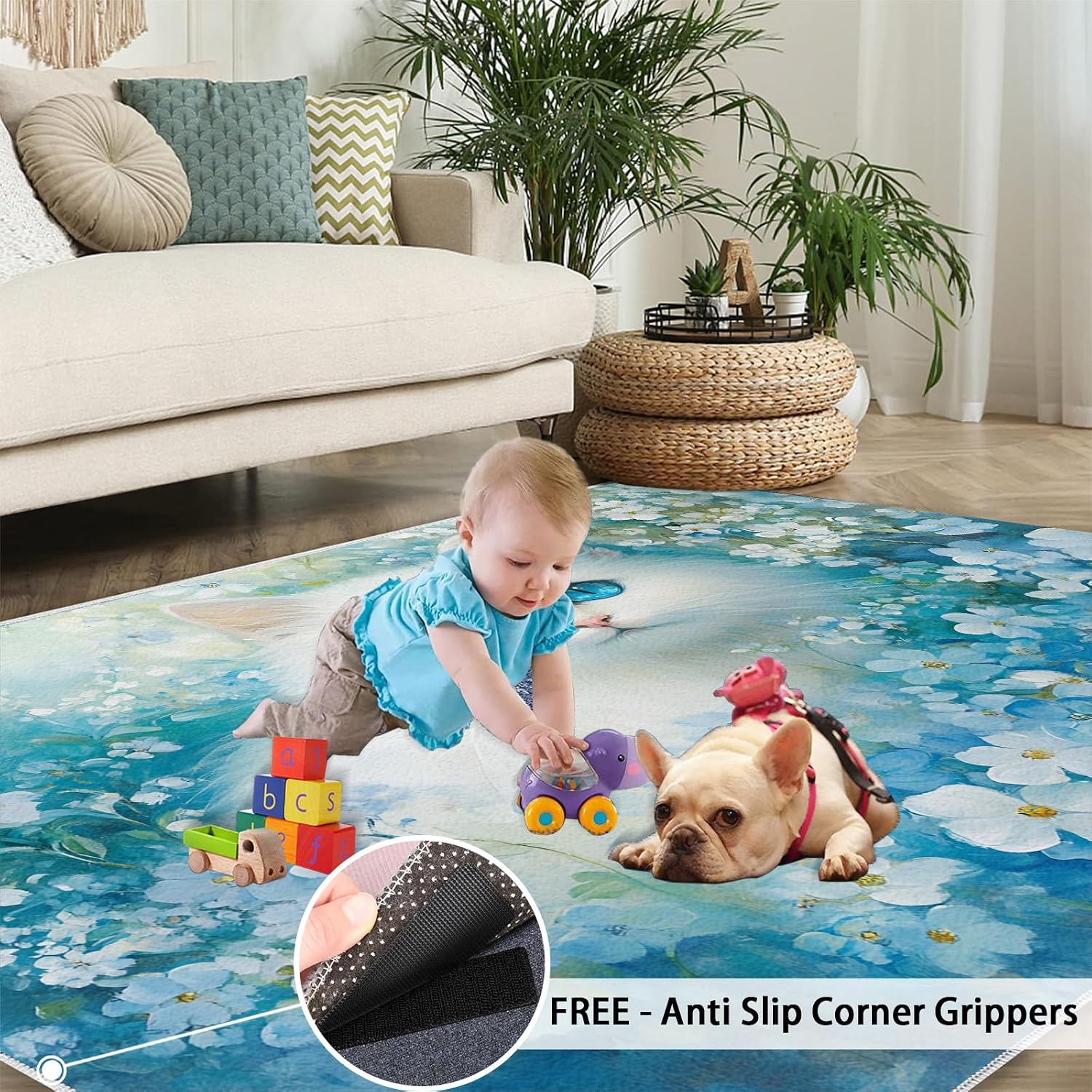 Cat Rugs for Bedroom, Florals Rug 6x8, Flowers Dining Room Rugs Washable & Non Slip Large Carpet for Home Decor