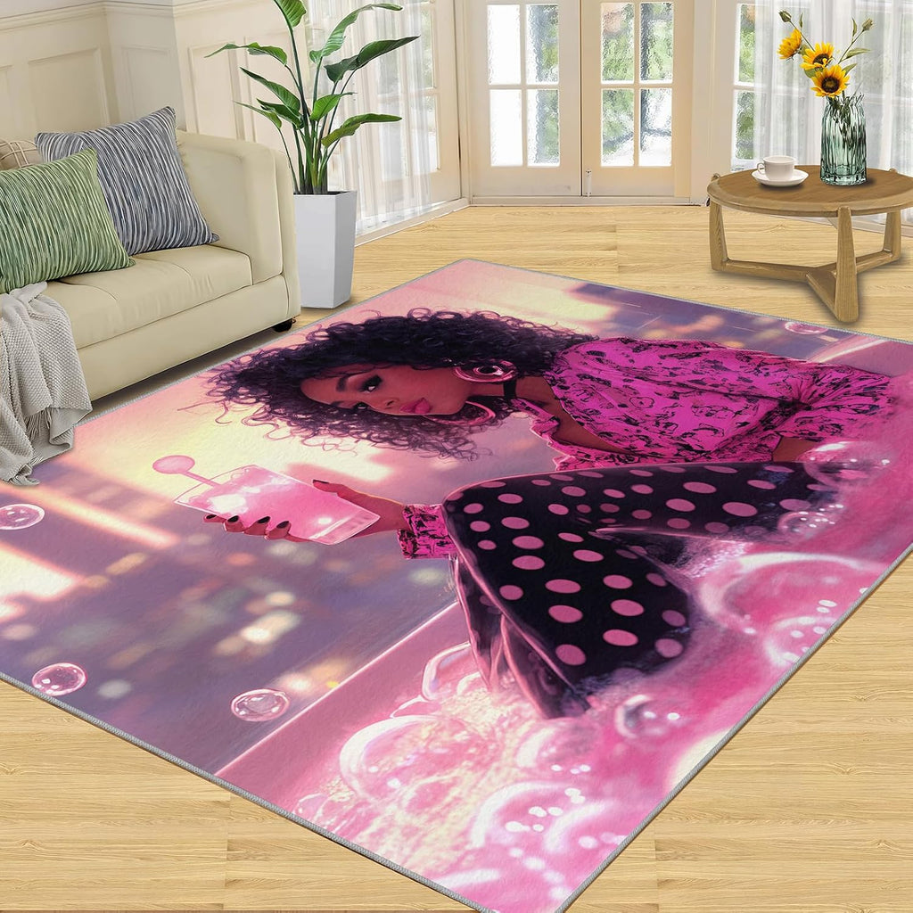 Fashion Girl Rug 6x8, Stylish Woman Area Rug, Bubble Bath Rugs for Living Room, Washable Rugs for Bedroom, Non Slip Low Pile Floor Mats