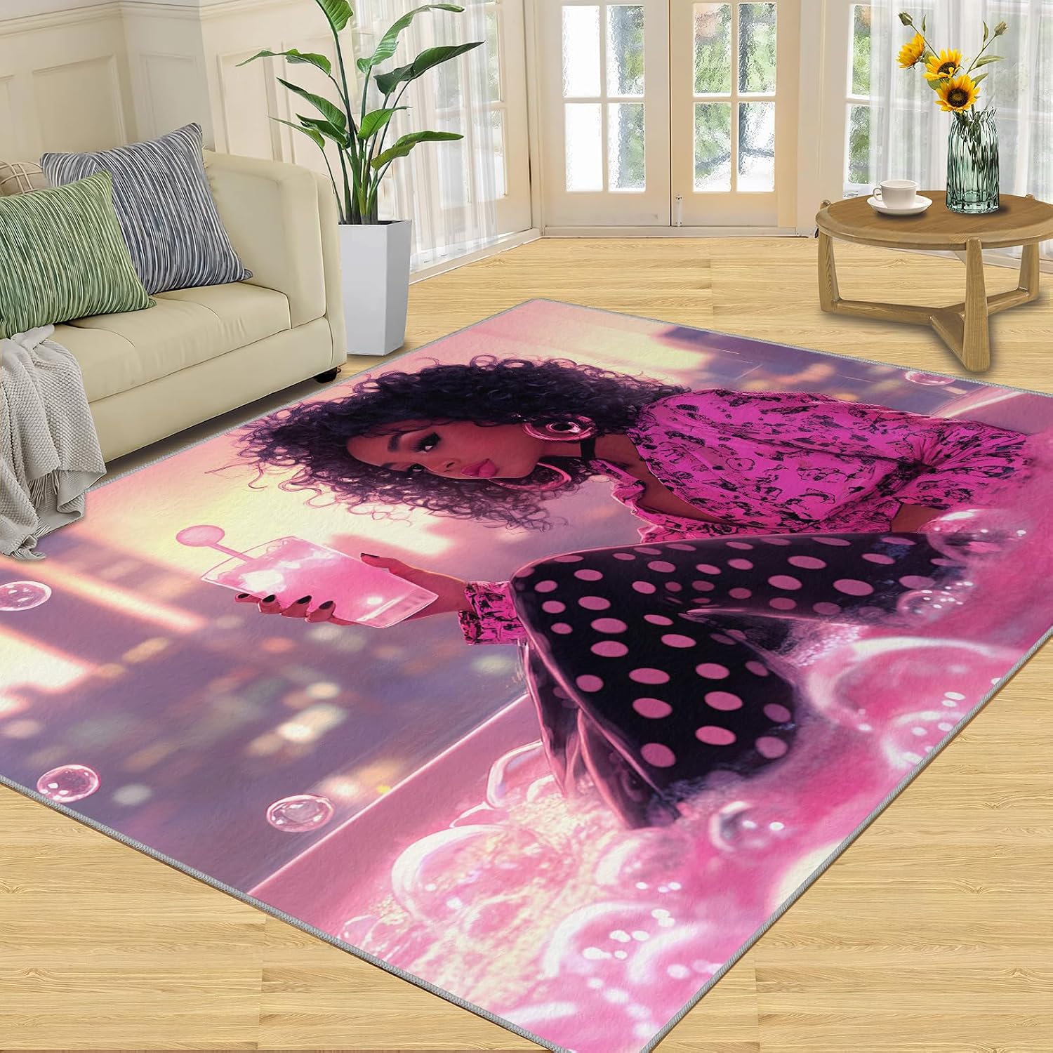 Fashion Girl Rug 6x8, Stylish Woman Area Rug, Bubble Bath Rugs for Living Room, Washable Rugs for Bedroom, Non Slip Low Pile Floor Mats