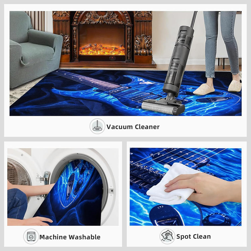 Guitar Rugs for Music Room - Boys Musical Rug, 6x8 Rug, Music Washable Rugs for Living Room Bedroom, Blue Area Rug, Rock and Roll Carpet - Home Decor, Electric Guitars Gifts for Men