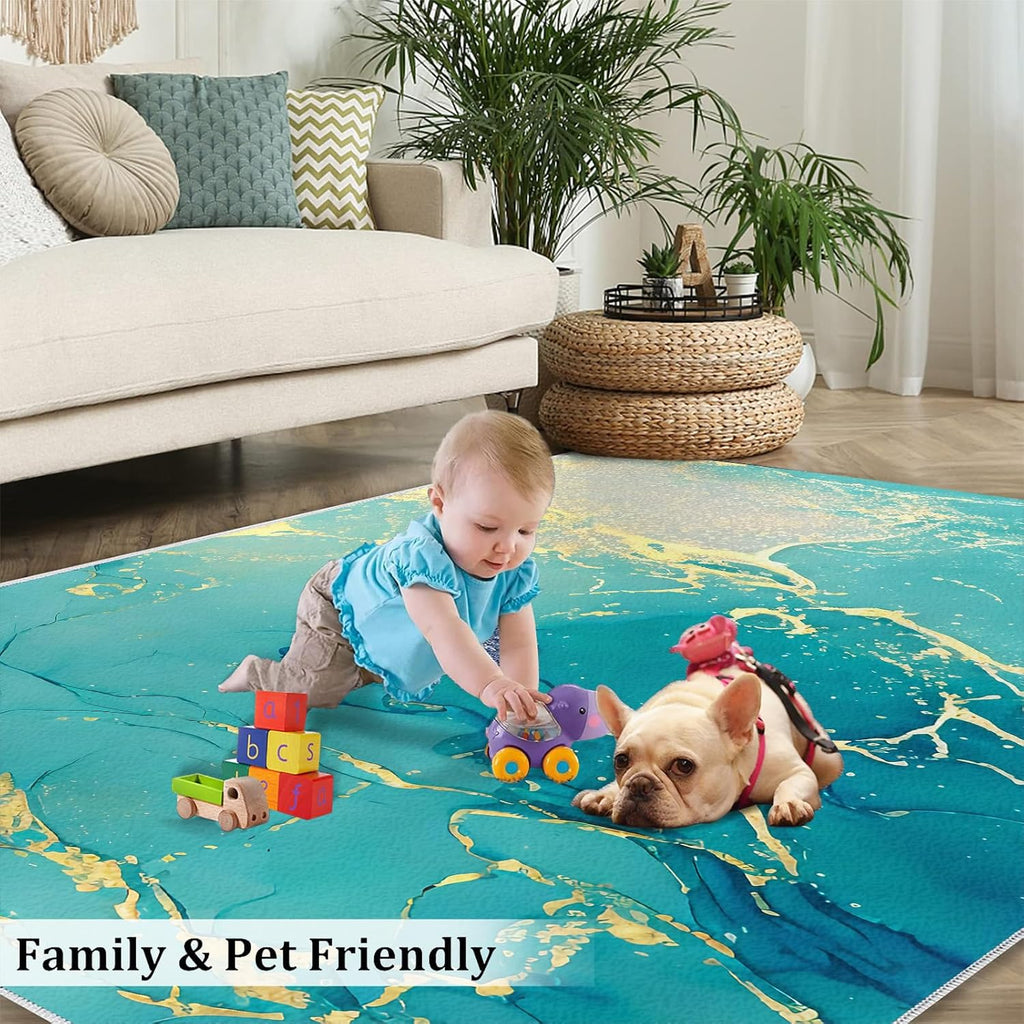 Light Green Gold Marble Area Rug, Modern Abstract Rugs for Living Room, Easy Clean Carpet Washable Indoor Non-Slip Rug for Boys and Girls Nursery Bed Living Room Carpets Nursery Decor,6 x 8ft