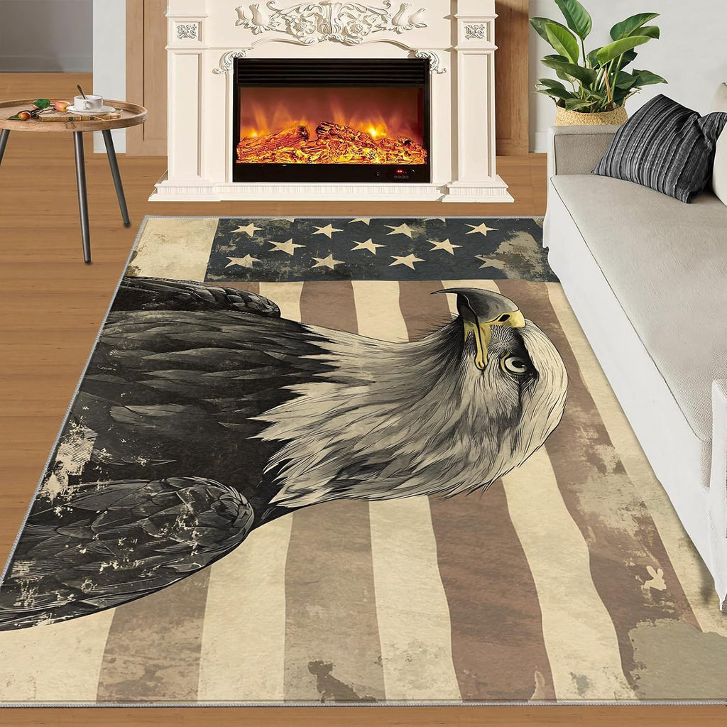 Bald Eagle Area Rug Large - 6x8 Rug, American Flag Rugs for Living Room, Retro Carpet, Patriotic Bird Washable Area Rugs for Bedroom, Bird Carpet, Bald Eagle Home Decor