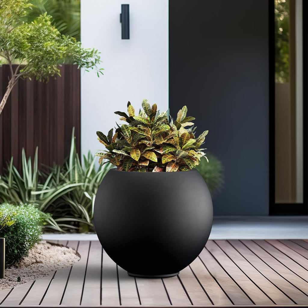 Kante Round Concrete Flower Pot, 19.3 Inch Dia (14' Opening) Sphere Shape Design Planter with Drainage Hole and Rubber Plug for Indoor & Outdoor Plants, Black Finish with Painted Interior