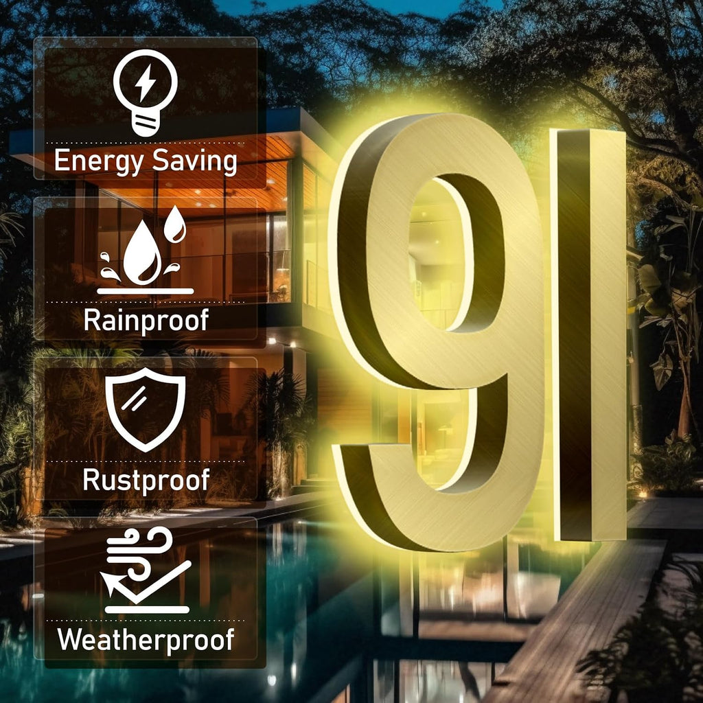 Backlit Illuminated LED House Numbers, Brushed Gold Lighted Address Signs, Modern Weatherproof House Number For Outdoor, Illuminated Address Numbers For Outside