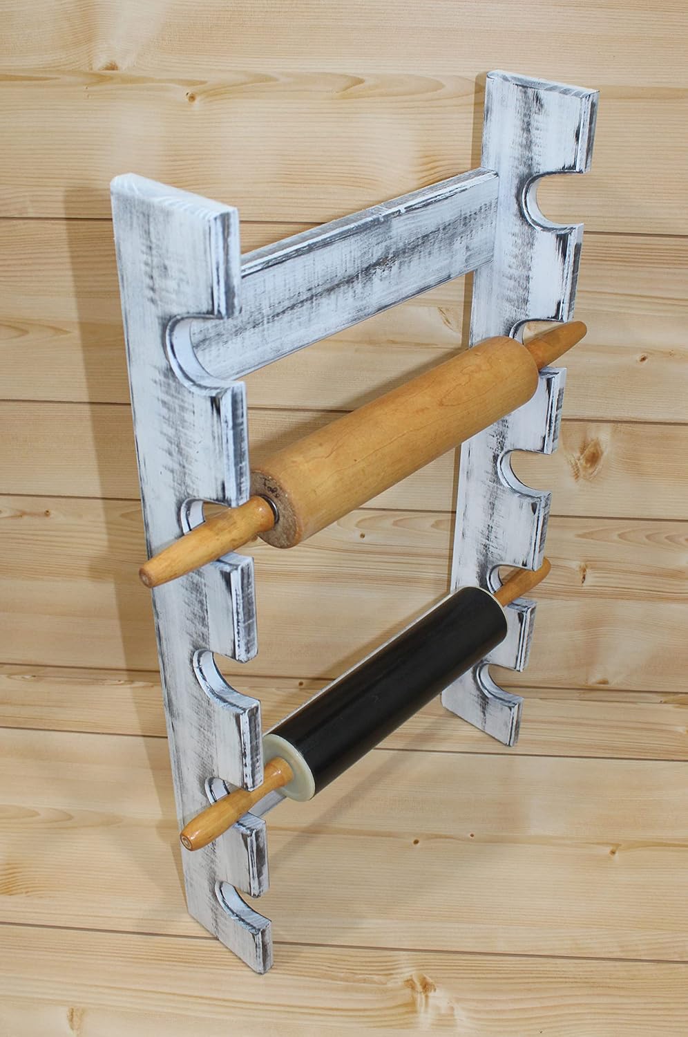 Wooden Rolling Pin Display Rack – Holds 5 Rolling Pins – Wall Mounted Storage for Bakers & Collectors – Antique White Color – Shabby Chic White & Black