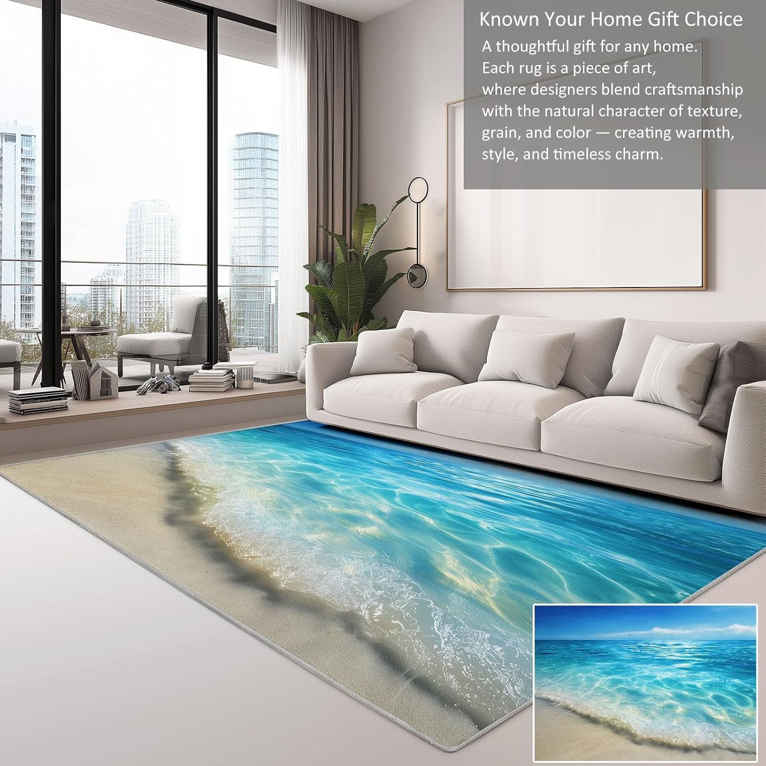 Washable Non-Slip Area Rug 5 x 7 ft, Ocean Beach Sunlight Print Washable Rugs for Living Room - Soft Nature Photography Low Pile Carpet for Bedroom Bedside Dining Room Nursery