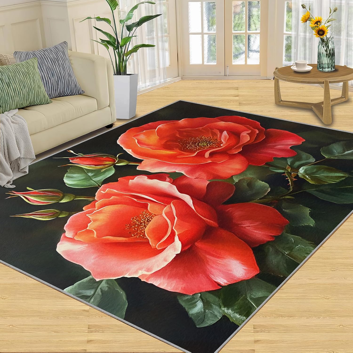 Floral Rugs for Bedroom - 6x8 Rug, Red Flower Area Rugs for Living Room, Flower Carpet, Black and Red Washable Area Mat, Aesthetic Carpet, Floral Home Decor & Gifts