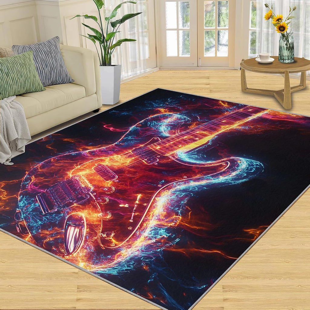 Guitar Rug & Home Decor - Cool Rugs for Living Room, Pop Art Washable Rugs for Bedroom, Musical Carpet, Non Slip Indoor Guitar Area Rug & Music Room Decor 6x8 ft